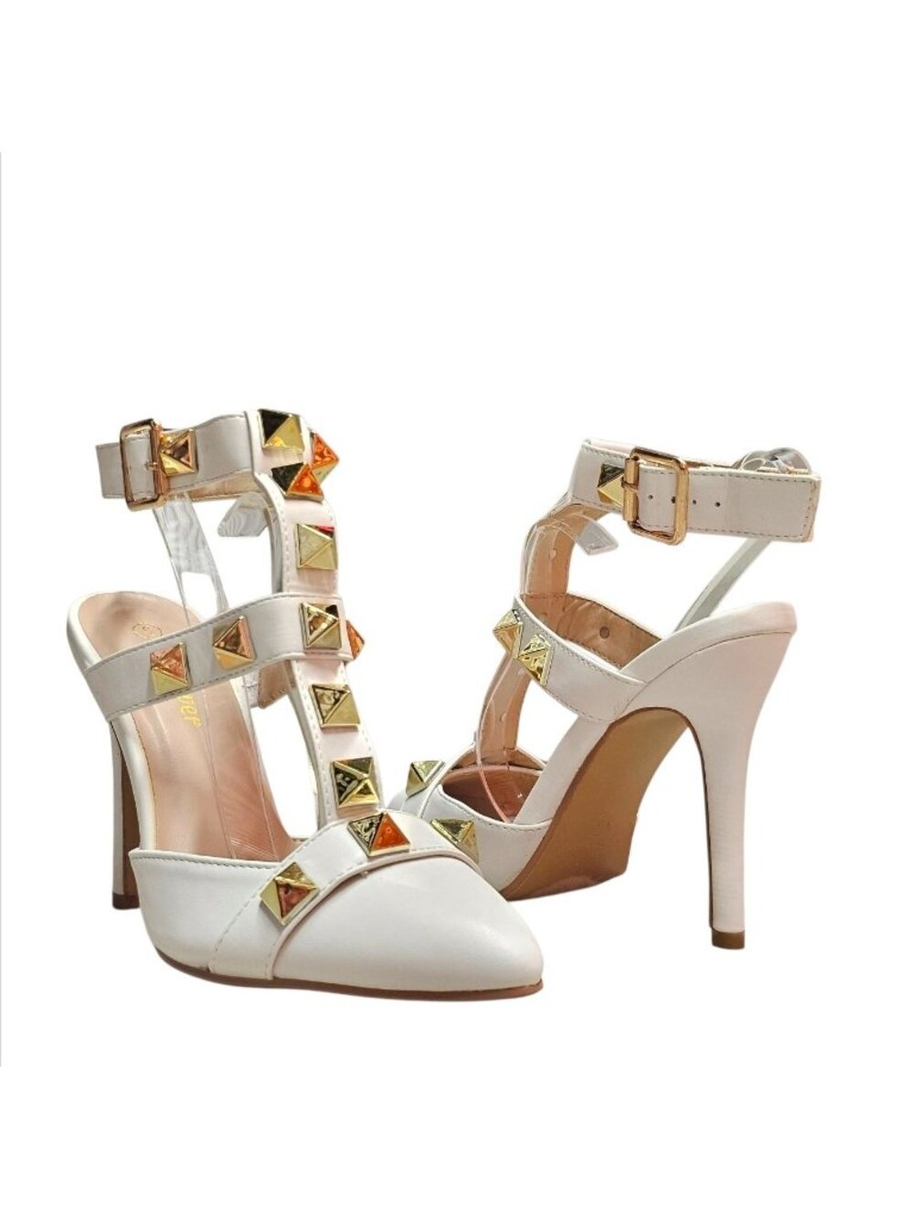 White Studded Pointed-Toe High Heels With Adjustable Buckle Strap & T-Strap Desi - Picture 5 of 15